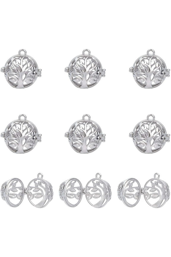 10pcs Cage Necklace Brass Locket Charms Chime Ball Pendants Tree of Life Locket for DIY Necklaces Jewelry Making Supplies-Platinum