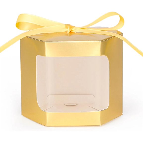 10pcs Cake Box Packaging Paper Bags Hexagon Candy Boxes With Clear PVC Window Presents Sweets Packge Gold 13x13x13.5cm
