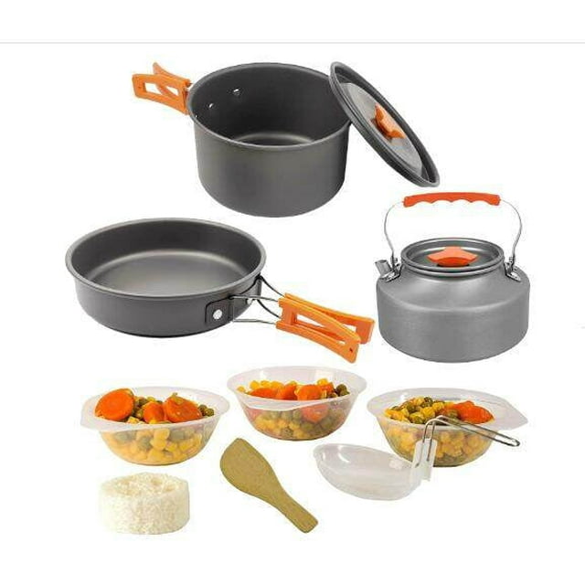 10pcs Camping Cookware Camping Pots and Pans Set with Kettle Plastic