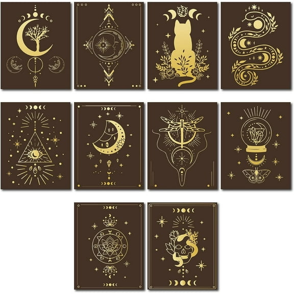 10pcs Canvas Prints Wall Art Tarot Black Poster Hanger Set Decor Gothic Moon Phase Lotus Cat for Living Room Bedroom Bathroom Home Gift Decorations 8 x 10 Inch Unframed