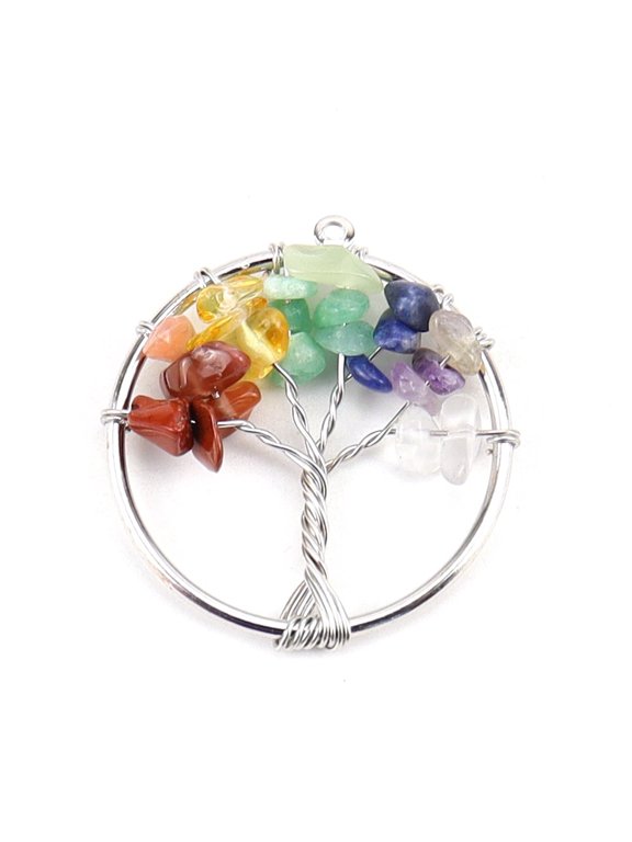 10pcs Chakra Mixed Stone Tree fo Life Pendants Iron Ring Chip Gems Tree 30mm