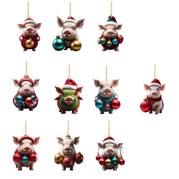 10pcs Christmas Hat Pig Ornament Creative 3D Acrylic Decorative Pendant for Tree