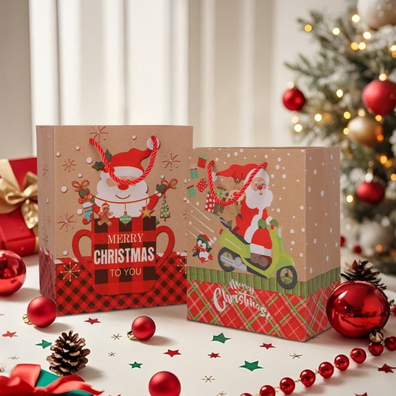 10pcs Christmas Kraft Paper Gift Bag Set, classic Christmas print element gift and snack bags with handles, suitable for festival and New Year party packaging and decoration.