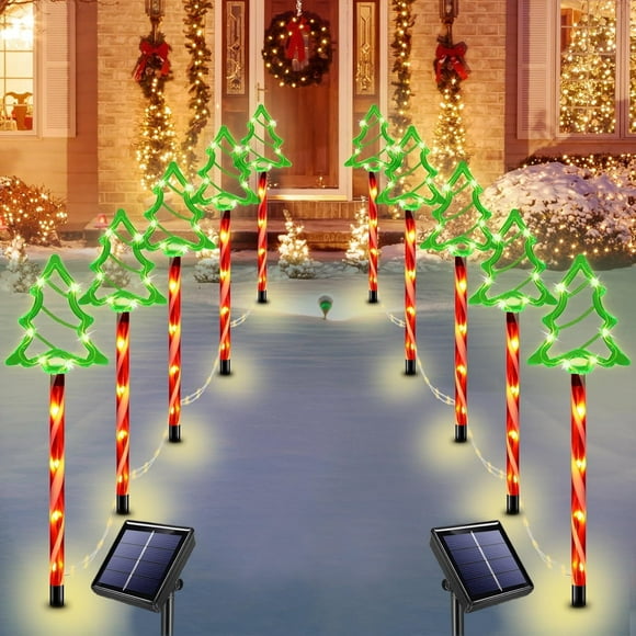 10pcs Christmas Solar Pathway Lights Outdoor,Candy Cane Christmas Tree Path Lights for Outside,Xmas Holiday Ligthed Walkway Yard Stakes for Porch Yard Lawn Driveway