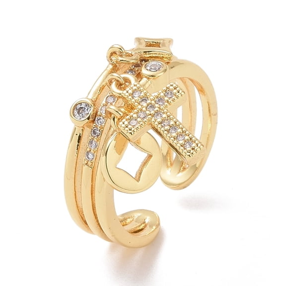 10pcs Clear Cubic Zirconia Cross & Coin & Star Open Ring Brass Jewelry for Women Cadmium Free & Lead Free golden Size 6 3/4(17.1mm)