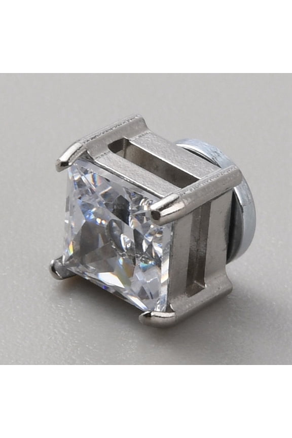 10pcs Clear Cubic Zirconia Square Clip-on Earrings Magnetic 316 Stainless Steel Non-piercing Earrings for Women Stainless Steel Color 7x7x6mm