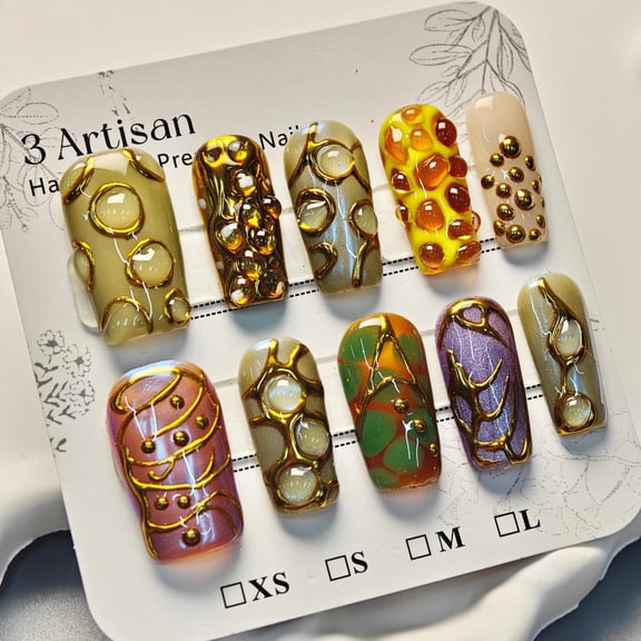 10pcs medium coffin y2k handmade press on nails, multicolor cat eye gold bubble false nails for women girls