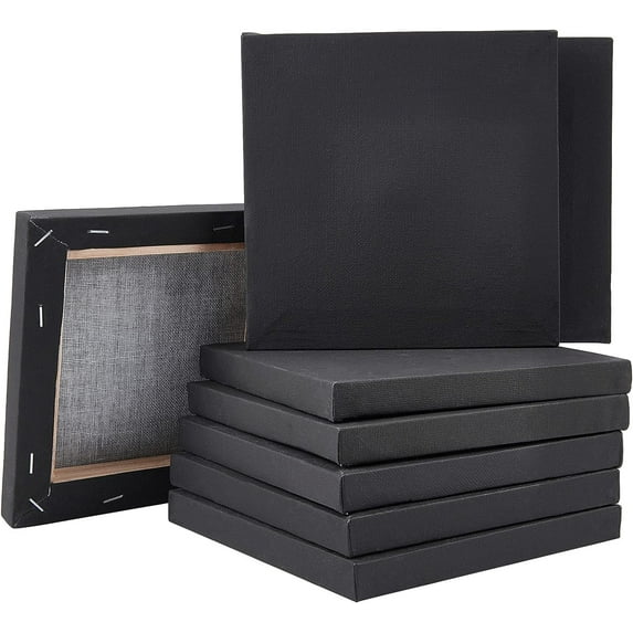 10pcs Cotton Stretched Blank Canvas with Wooden Frame for Painting Oil Paint Square Black 15x15x1.6cm