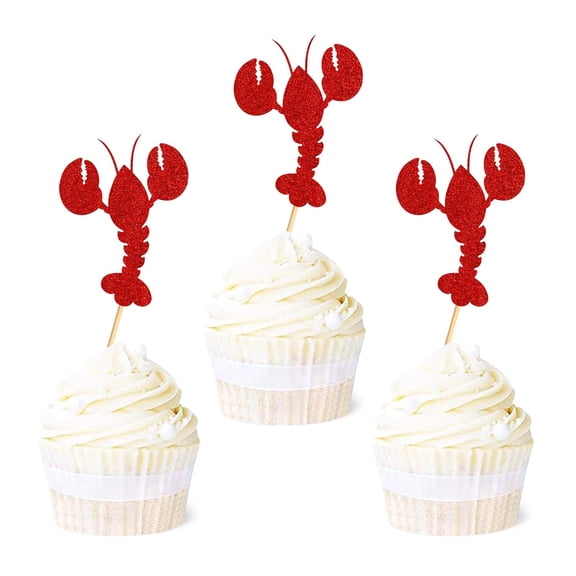 10pcs Crawfish Cupcake Toppers Red Glitter Lobster Cupcake Picks Ocean Lobster Theme Baby Shower Birthday Party Cake Decorations Supplies