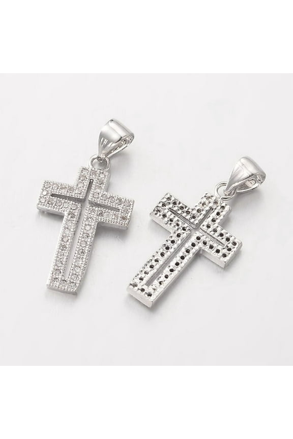 10pcs Cross Brass Micro Pave Cubic Zirconia Pendants Lead Free & Nickel Free Platinum 21x12.5x1.5mm Hole: 3x4mm