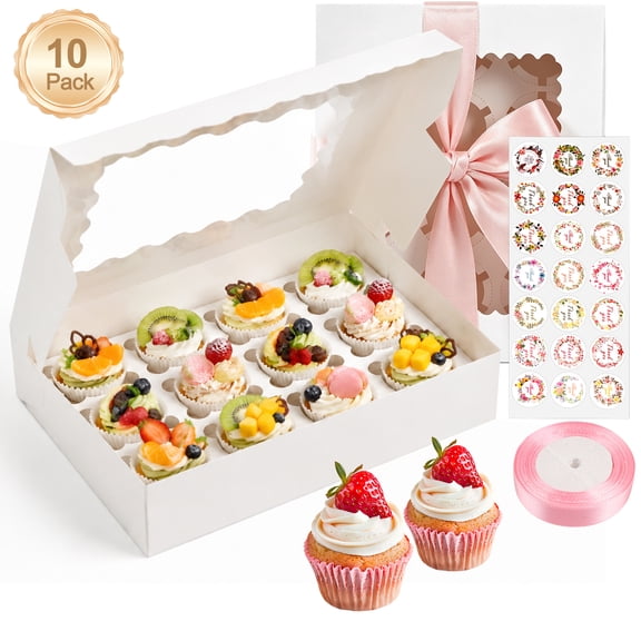 10pcs Cupcake Boxes, Hold 12 Standard Cupcakes,Includes Pink Ribbon & 42 Decorative Stickers,for Birthday Holiday Party, Supplies for Cupcakes, Desserts and More, 12.8"x9.84"x3.54"