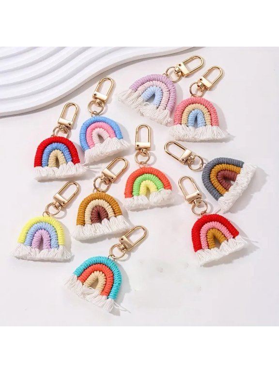 10pcs Cute Handmade Woven Rainbow Keychain for Women Girls Bag Key Ring Pendant Jewelry Accessories