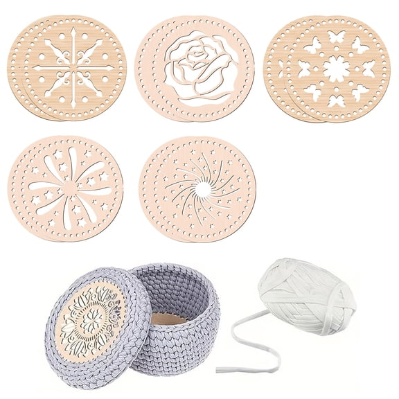 10pcs DIY Crochet Basket Kit with Wooden Hollow Bottoms and Lids, 5 Patterns Included, Apricot 5.9inch, Basket Weaving Supplies for Creative Projects DIY Gift