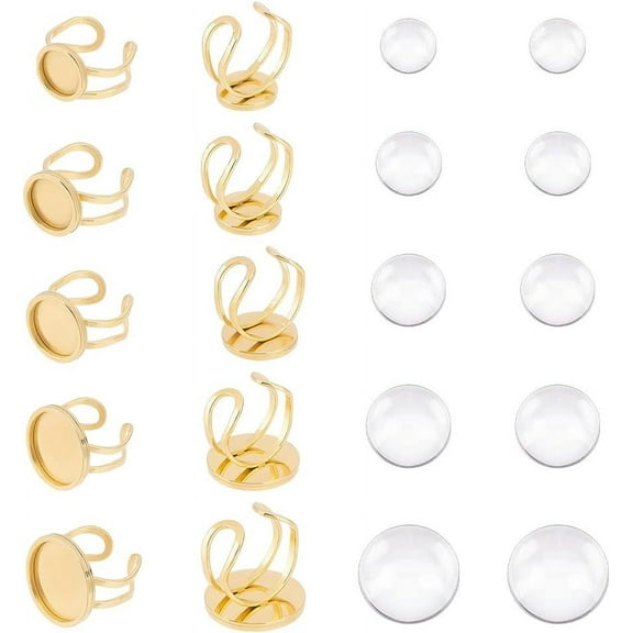 10pcs DIY Golden Round Cuff Ring Making Kit with 201 Stainless Steel Bases and Glass Cabochons for DIY