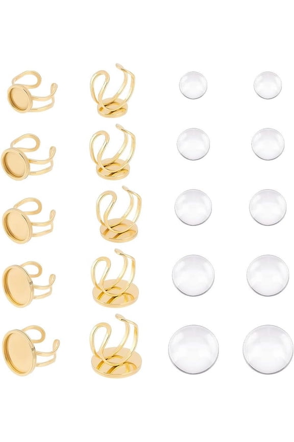 10pcs DIY Golden Round Cuff Ring Making Kit with 201 Stainless Steel Bases and Glass Cabochons for DIY