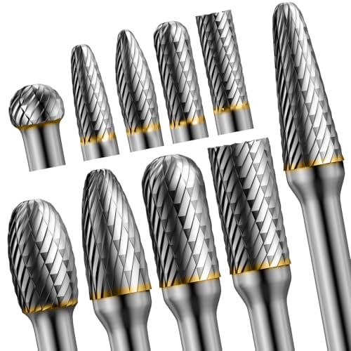 10pcs Die Grinder Bits w/ 1/4" Shank, Tungsten Carbide Burr Set for Metal Steel Stone Wood Working Grinding Carving Engraving Deburring Cutting Porting