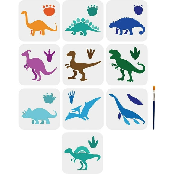 10pcs Dinosaurs Stencils 66inch Animal Dinosaurs Painting Templates with Paint Brush Tyrannosaurus Rex Pterosaurus Stegosaurus Footprints Stencils for DIY Craft Supplies Wall Wood diy Dinosaur