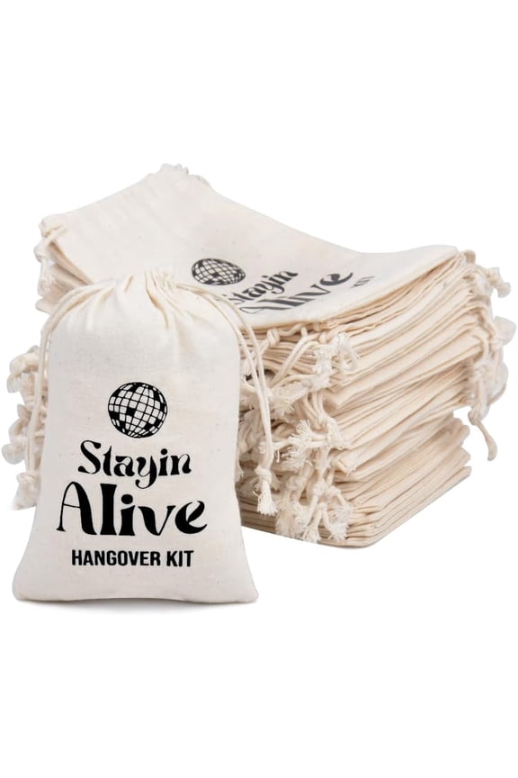 10pcs Drawstring Bags - Wedding Party Favor Set for Bachelorette Hangover Kits & Holiday Gifting | Reusable Double-Layer Unbleached Cotton Pouches (Staying alive) 10x12cm