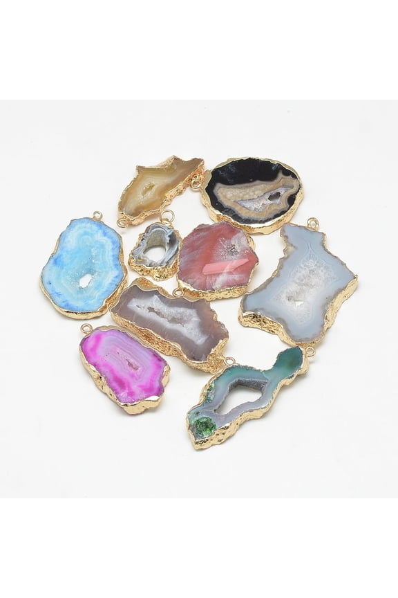 10pcs Druzy Agate Slices Pendants with Golden Tone Iron Findings Dyed Nuggets Mixed color 20~60x13~50x4~8mm Hole: 1~4mm