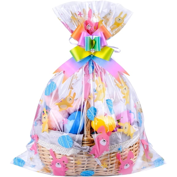 10pcs Easter Bags 24x30 Inch Cellophane Easter Basket Bags Clear Plastic Easter Bags for Large Baskets Gift Wrapping with 10 Pcs Pull Bows