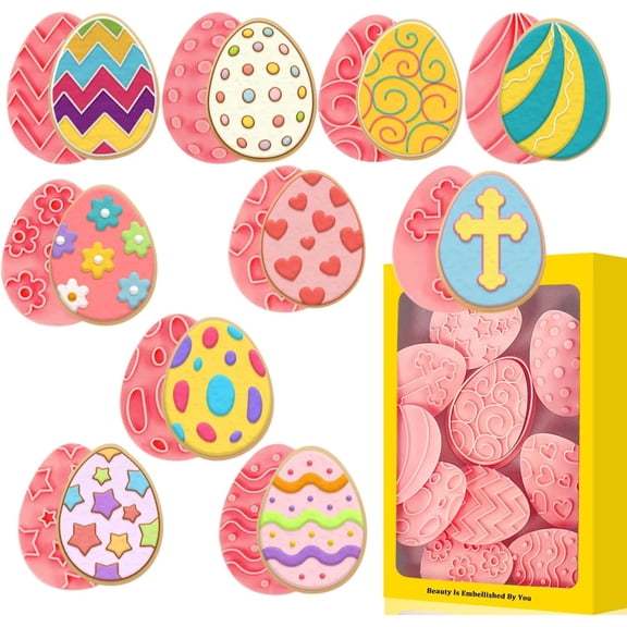 10pcs Easter Cookie Cutters, 3D Easter Eggs Shapes Cookie Cutters Stamps Molds for Party Supplies Favors Decorations, Plastic Biscuit Pastry Cookie Cutter for Baking