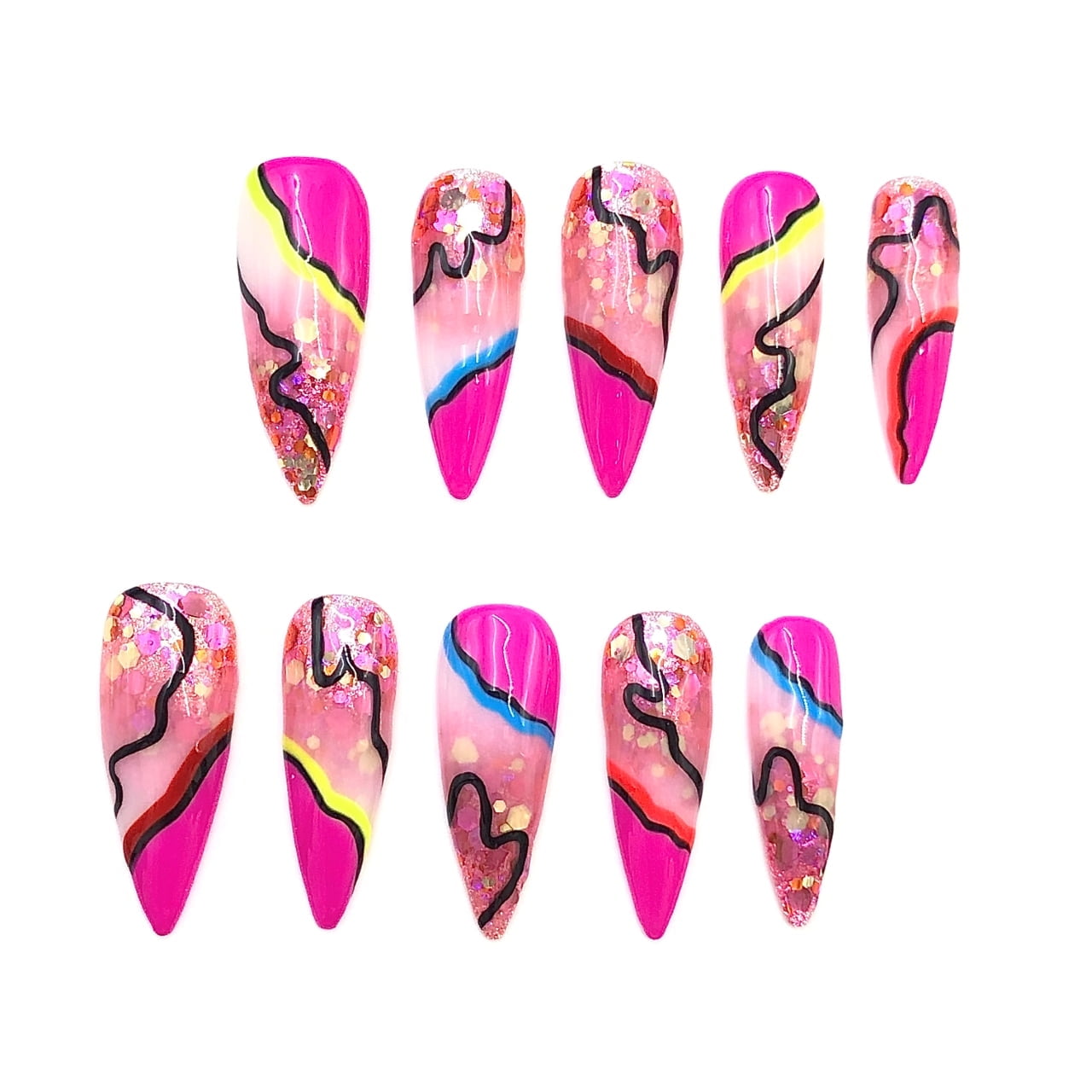 10pcs Easy Application Handmade Long Stiletto Press-On Nails – Colorful Abstract Glitter Design Reusable Fake Nails for Women & Girls