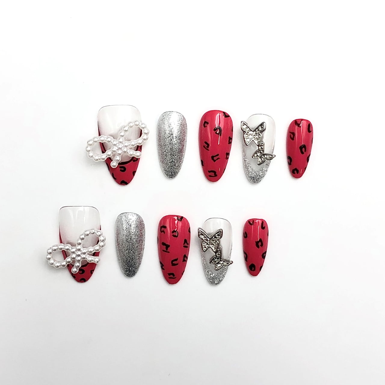 10pcs Handmade Long Coffin Press-On Nails Red Ombre Chrome Design Reusable Fake Nail Tips