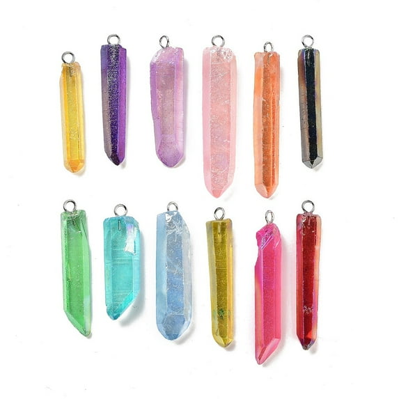 10pcs Electroplated Natural Quartz Pendants with Brass Findings Bullets Pointed Pendants Platinum Mixed color 40~65x7~15mm Hole: 3mm