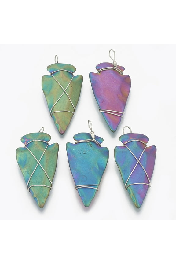 10pcs Electroplated Non- Hematite Pendants with Tone Brass Findings Matte style Arrowhead Multi-color 46~53.5x22~25x7~9.5mm Hole: 5~6x3.5~5mm