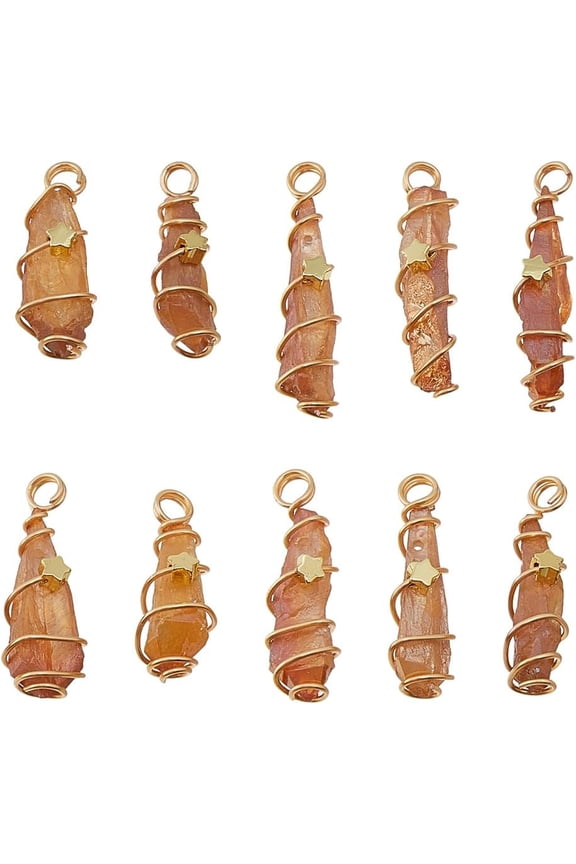 10pcs Electroplated Raw Rough Natural Quartz Crystal Copper Wire Wrapped Pendants Teardrop Charms with Golden Tone Brass Star Beads Copper Plated 29~35x8~10x7~10.5mm Hole: 3.5mm