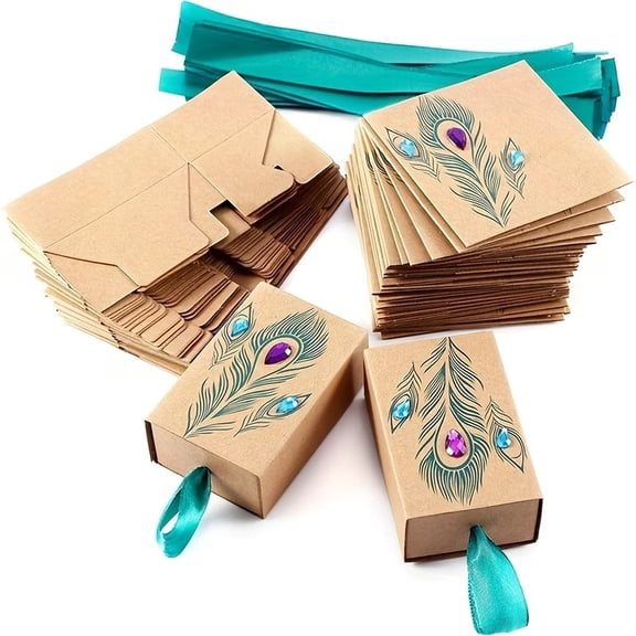 10pcs Elegant Peacock Feather Pattern Kraft Paper Candy Boxes with Colorful Rhinestone Decoration - Drawer Shape Gift Boxes for Weddings, Birthdays, and Small Business Supplies