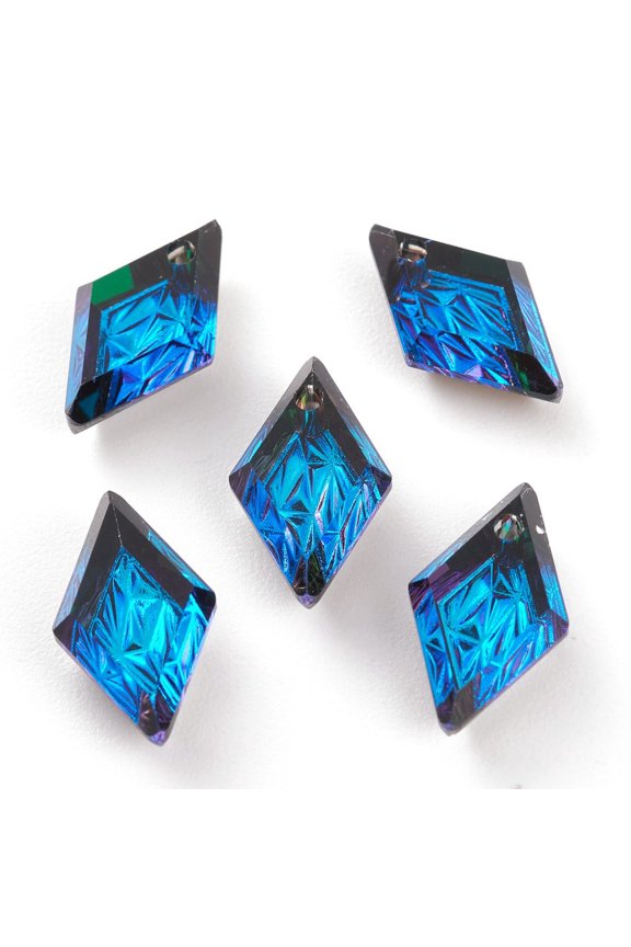 10pcs Embossed Glass Rhinestone Pendants Rhombus Faceted Bermuda Blue 13x8x4.2mm Hole: 1.2mm