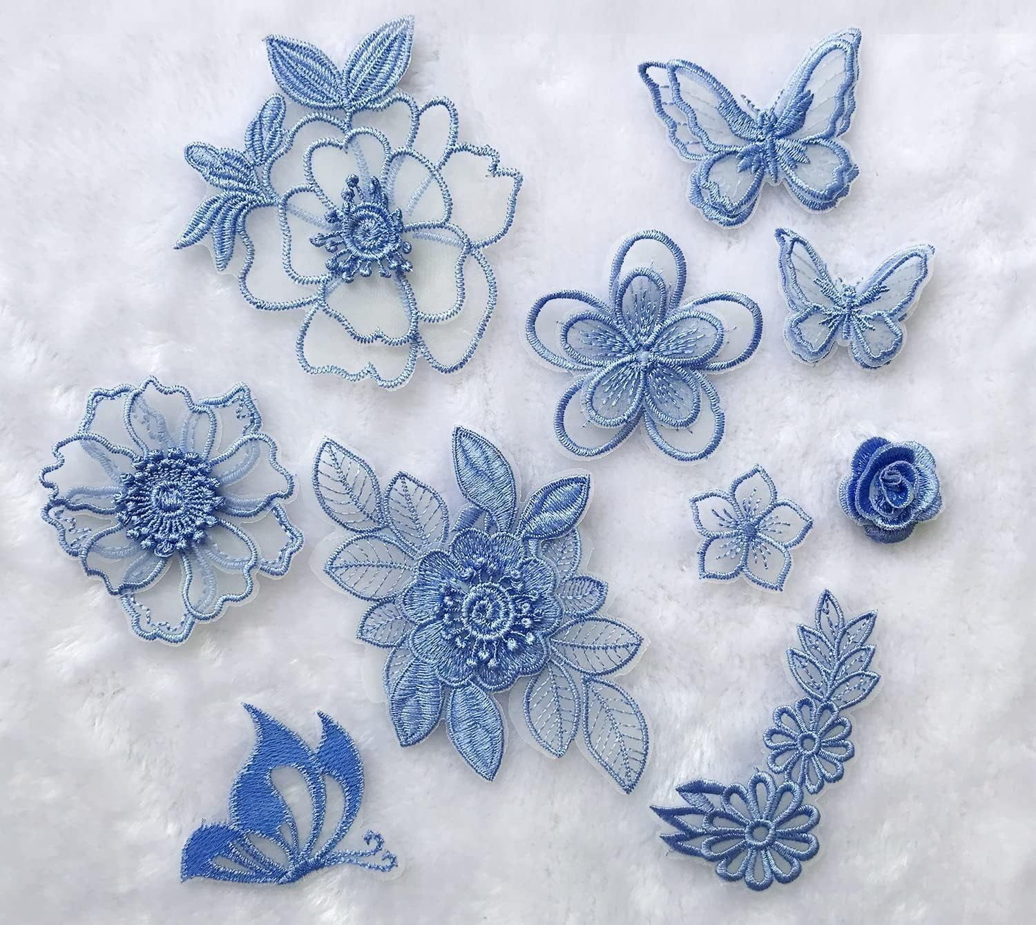 10pcs Embroidery Butterfly Flower Sew Iron On Patch Badge Wedding Bridal Dress Embroidered Applique Sewing Craft DIY (Blue)