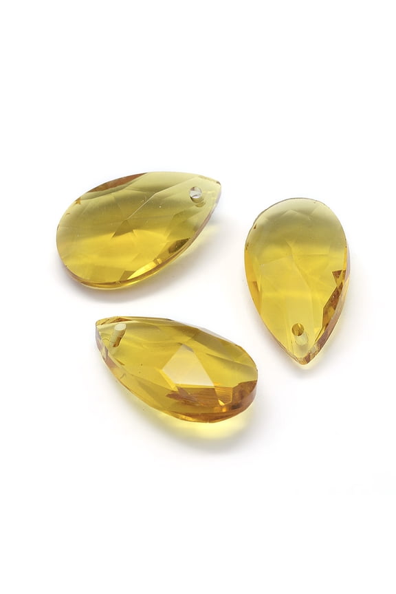 10pcs Faceted Glass Pendants Teardrop Yellow 22x13x8.5mm Hole: 1mm for DIY