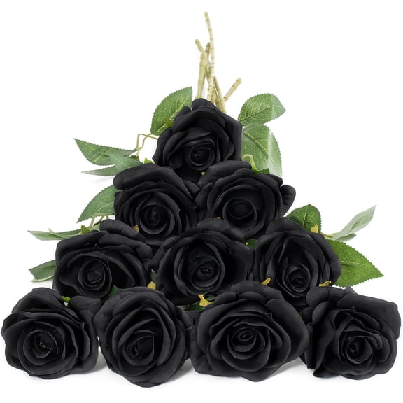 10pcs Fake Black Roses Artificial Silk Flowers Faux Rose Flower Long Stems Bouquet for Arrangement Wedding Centerpiece Party Home Kitchen Decor (Black)