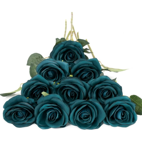 10pcs Fake Black Roses Artificial Silk Flowers Faux Rose Flower Long Stems Bouquet for Arrangement Wedding Centerpiece Party Home Kitchen Decor (Black)