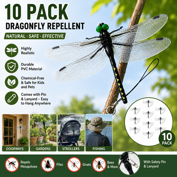 10pcs Fake Dragonfly Bug Repellent, 5.5" Large Realistic Dragonfly Model with Safety Pin & Lanyard, Chemical-Free Insect Deterrent for Camping, Strollers & Gardens