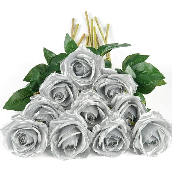 10pcs Fake Roses Artificial Silk Flowers Faux Rose Flower Long Stems Bouquet for Arrangement Wedding Centerpiece Party Home Kitchen Decor(Ivory-White Long Stem)