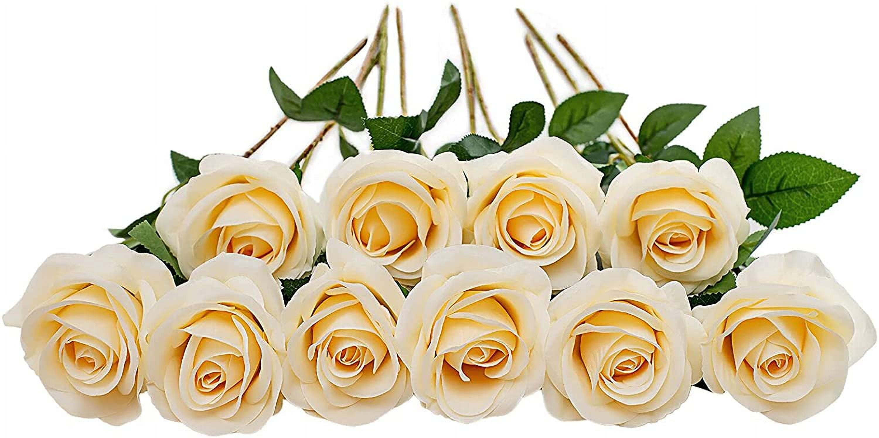 10pcs Fake Roses Artificial Silk Flowers Faux Rose Flower Long Stems Bouquet for Arrangement Wedding Centerpiece Party Home Kitchen Decor(Ivory-White Long Stem)