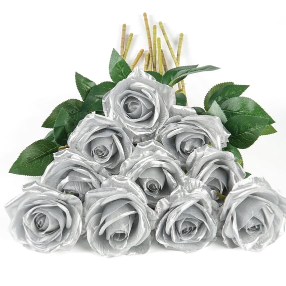 10pcs Fake Roses Artificial Silk Flowers Faux Rose Flower Long Stems Bouquet for Arrangement Wedding