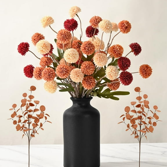 10pcs Fake Silk Pompon Mum Artificial Fall Flowers, Faux Mini Chrysanthemums with 2pcs Eucalyptus Stems, Fall Decor for Centerpieces Wedding, Multicoloured