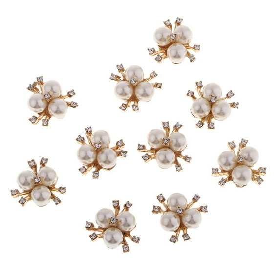 10pcs Faux Flower Embellishments, Rhinestone Pearl Brooch Flatback Buttons for Crafts, Wedding Party Decorations Headband Accessories Rose Golden