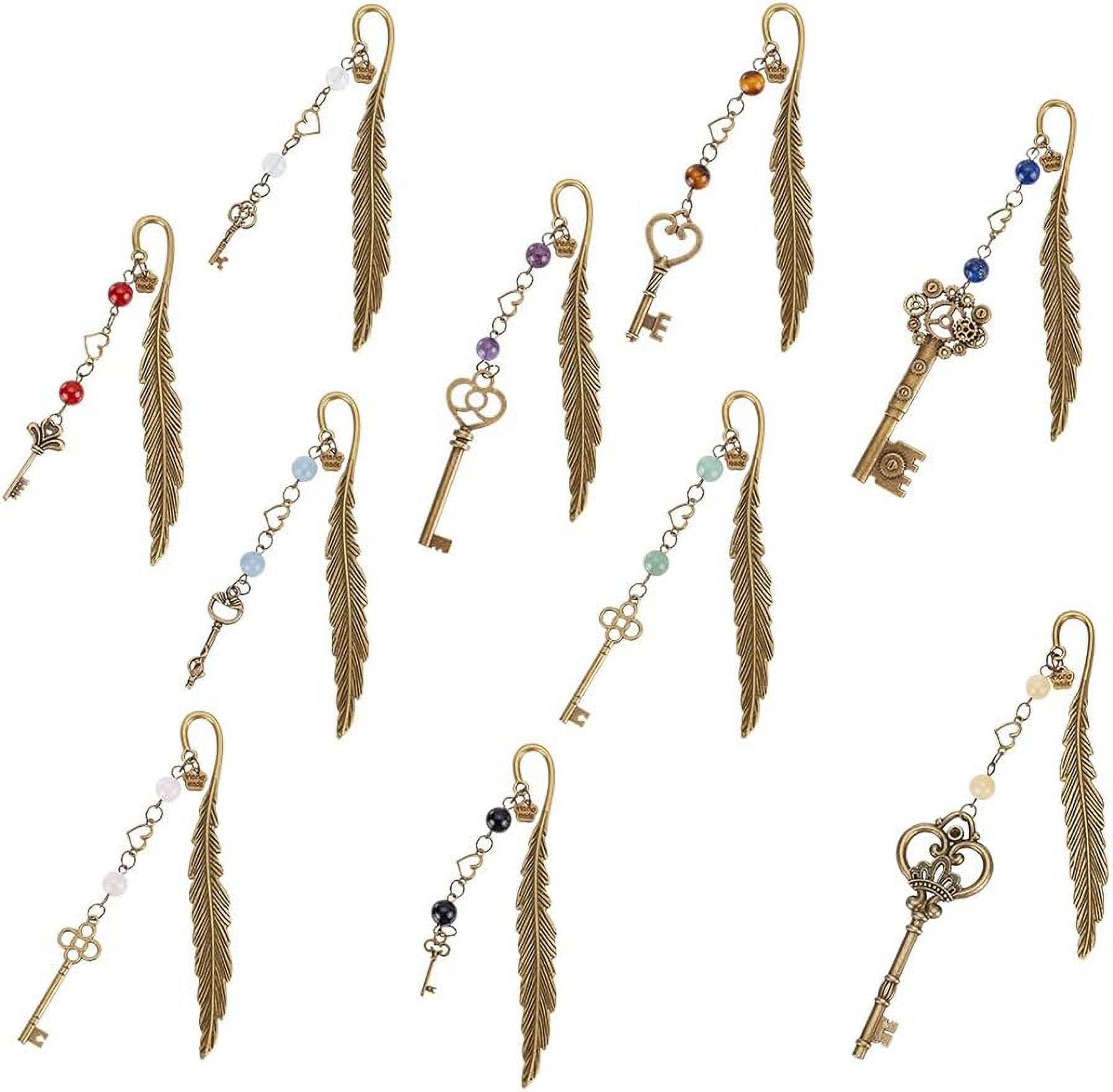 10pcs Feather Bookmarks Metal Crystal Bookmarks Vintage Gemstone Beading Bookmarks Antique