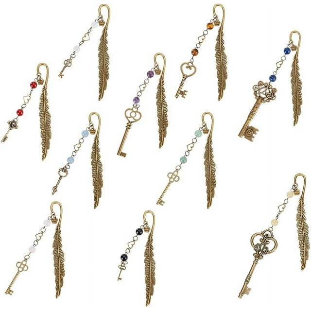 10pcs Feather Bookmarks Metal Crystal Bookmarks Vintage Gemstone