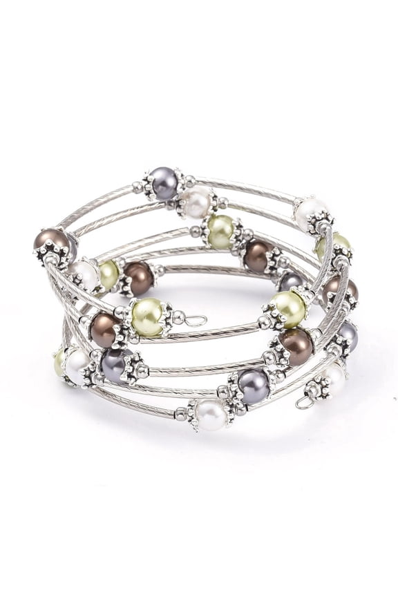 10pcs Five Loops Fashion Wrap Bracelets with Shell Pearl Beads 304 Stainless Steel Beads and Steel Memory Wire Colorful Inner Diameter: 2-1/4 inch(5.7cm)