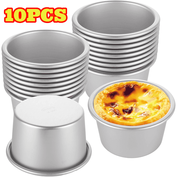 10pcs Silver Flan Molds, Aluminum Egg Tart Chocolate Pudding Cups, Cupcake Pan Cups for Baking, Round Nonstick Popover Bakeware
