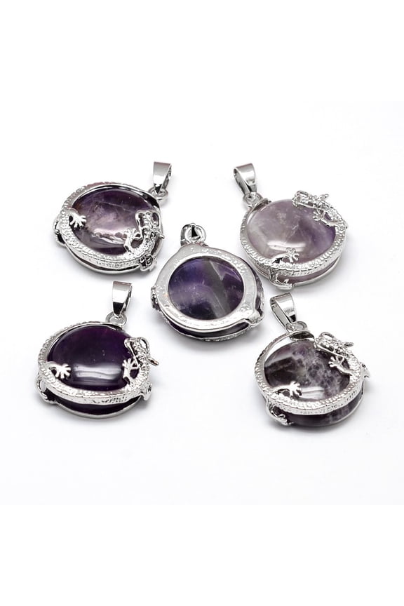 10pcs Flat Round with Dragon Brass Amethyst Pendants Cadmium Free & Lead Free 26.5x24x9mm Hole: 7x4mm