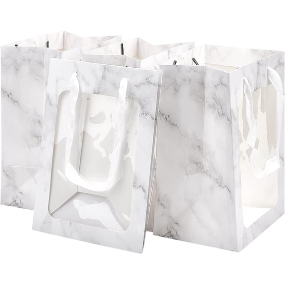 10pcs Flower Bouquet Paper Gift Bags Portable Kraft Paper Tote Shopping Bag with PVC Transparent Window and Handles Party Gift Wrapping Bags