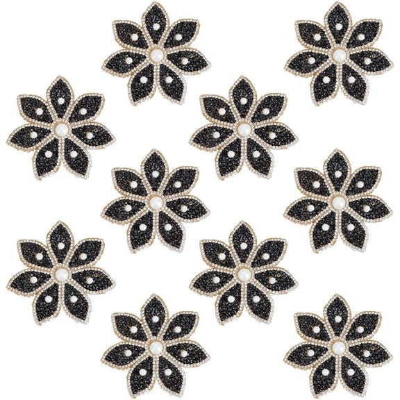 10pcs Flower Pearl Iron On Patch Hotfix Rhinestone Appliques 3.5inch Diameter Bling Rhinestone Dress Belt Embellishment Applique Emblem Patch for Party Dress Backpacks(Black) for DIY