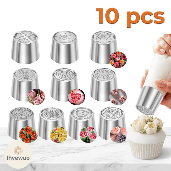 Ihvewuo 10pcs Extra Large Russian Piping Tips Set Stainless Steel Reusable Icing Nozzles for Cake Flower Decoration DIY Cream Bouquets Cookies Dessert Baking Tools